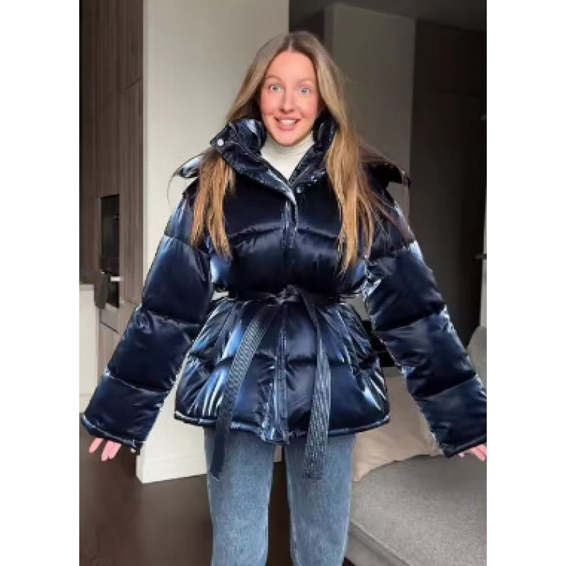 Gesteppte Damen Winterjacke mit Taillenkordel und Glanz in Blau