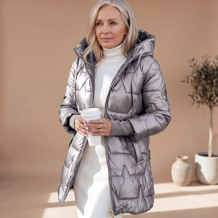 Glänzende Damen Winterjacke Midi für den Alltag (6)