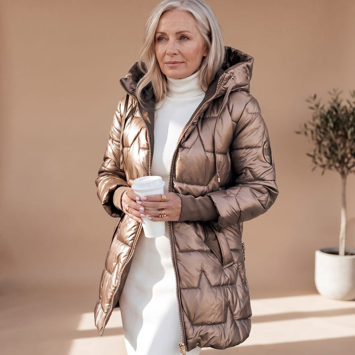 Glänzende Damen Winterjacke Midi für den Alltag in Bronze