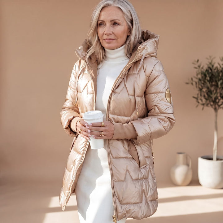 Glänzende Damen Winterjacke Midi für den Alltag in Champagner