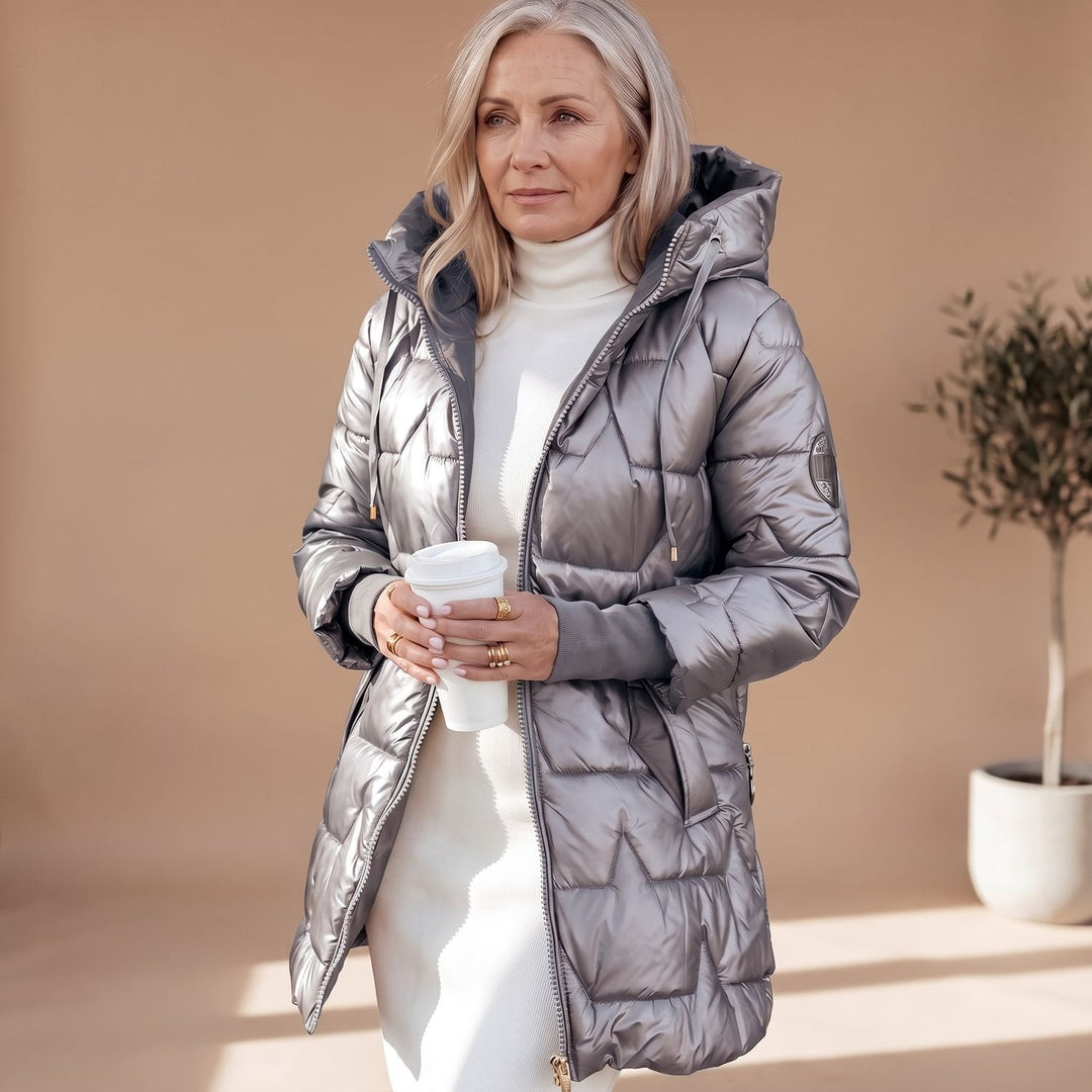 Glänzende Damen Winterjacke Midi für den Alltag in Grau