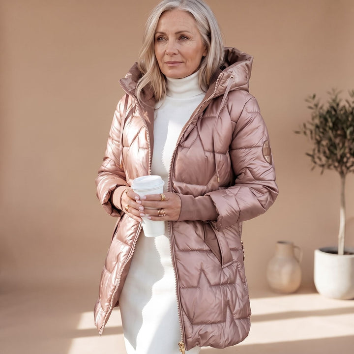 Glänzende Damen Winterjacke Midi für den Alltag in Rosa