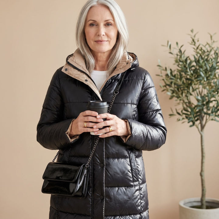 Glänzende Damen Winterjacke Midi für den Alltag in Schwarz