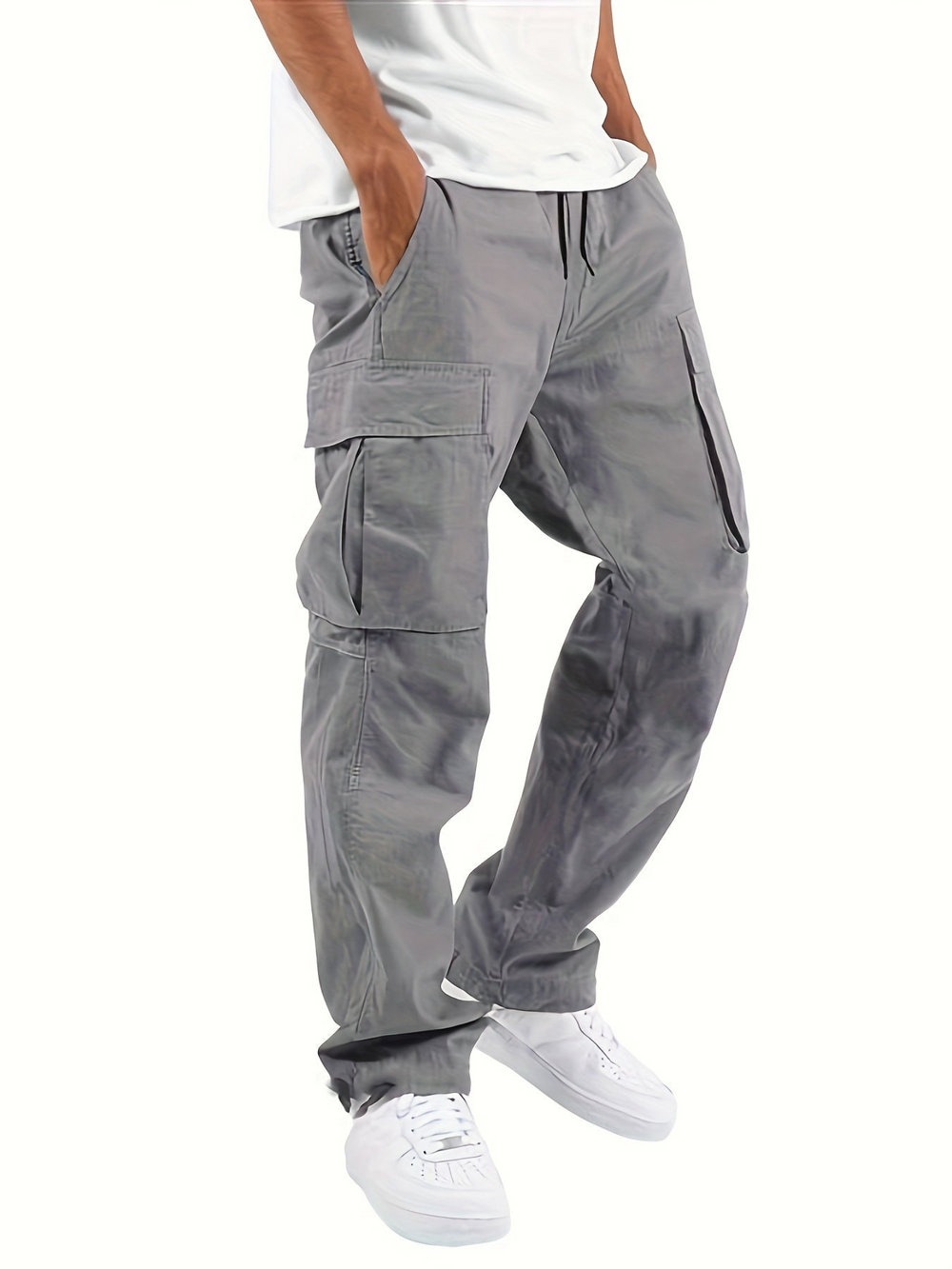 Herren Baggy-Jeans Cargohose mit Taschen in Hellgrau