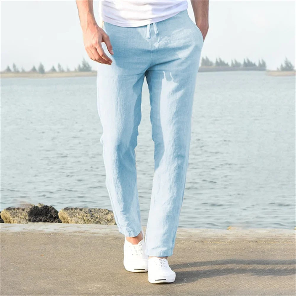 Herren Baumwoll-Leinen Hose mit gerader Passform in Blau