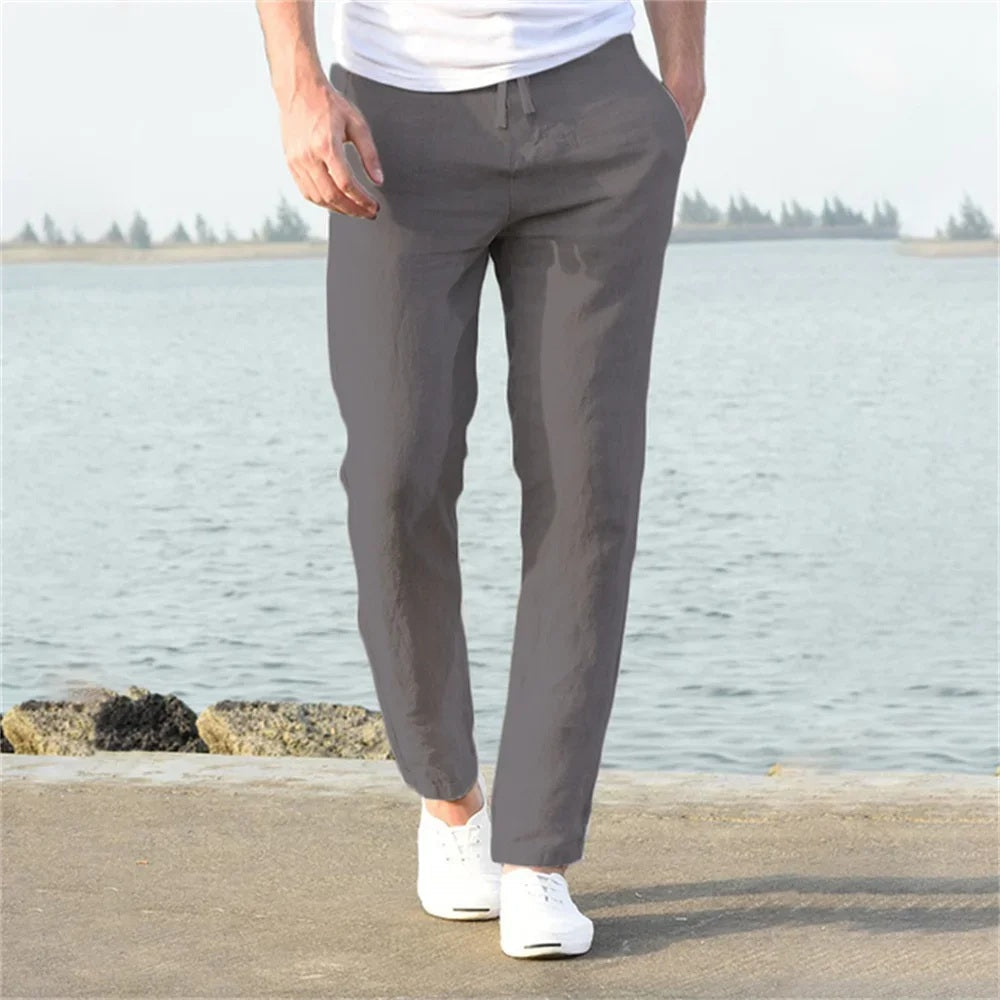 Herren Baumwoll-Leinen Hose mit gerader Passform in Grau