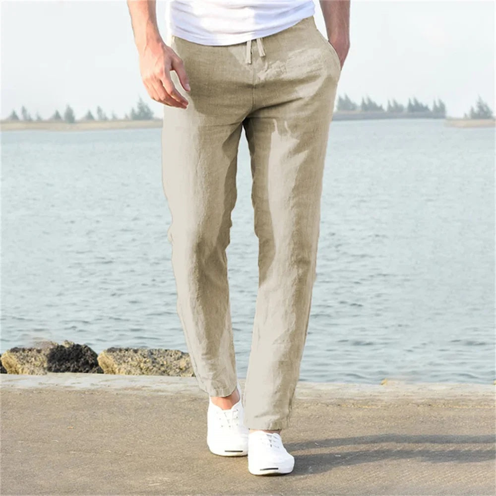 Herren Baumwoll-Leinen Hose mit gerader Passform in Khaki
