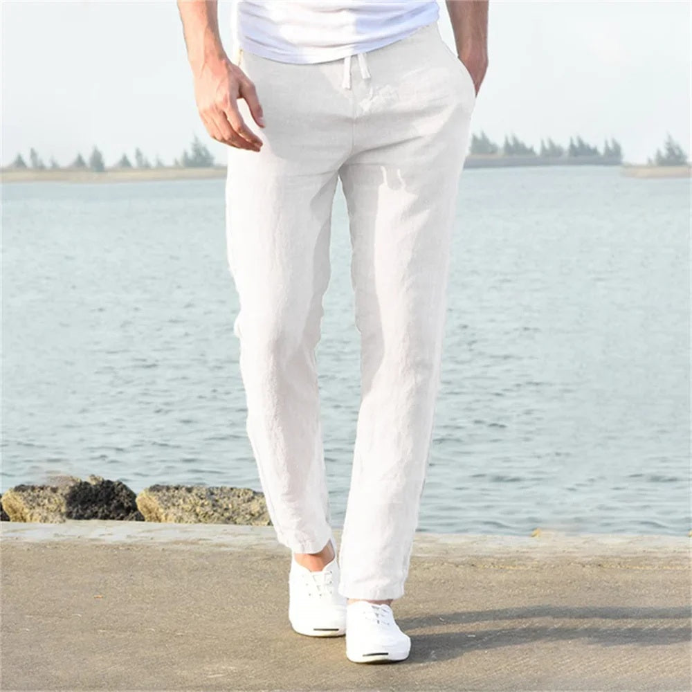 Herren Baumwoll-Leinen Hose mit gerader Passform in Weiß