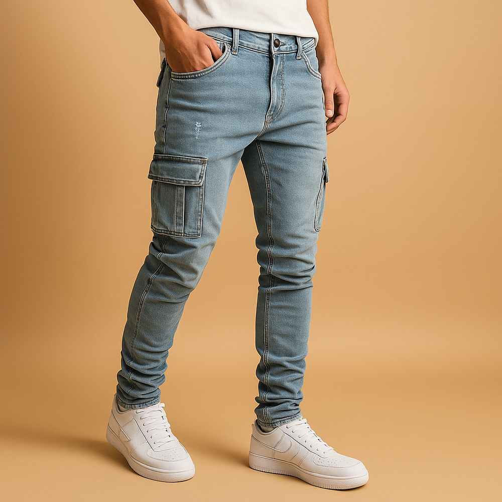 Herren Cordhose Slim mit Cargo-Taschen in Hellblau