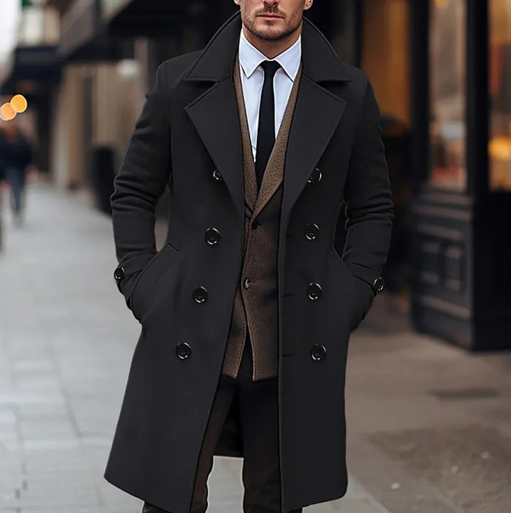 Herren Eleganter Wollmantel im Trench-Stil in Schwarz