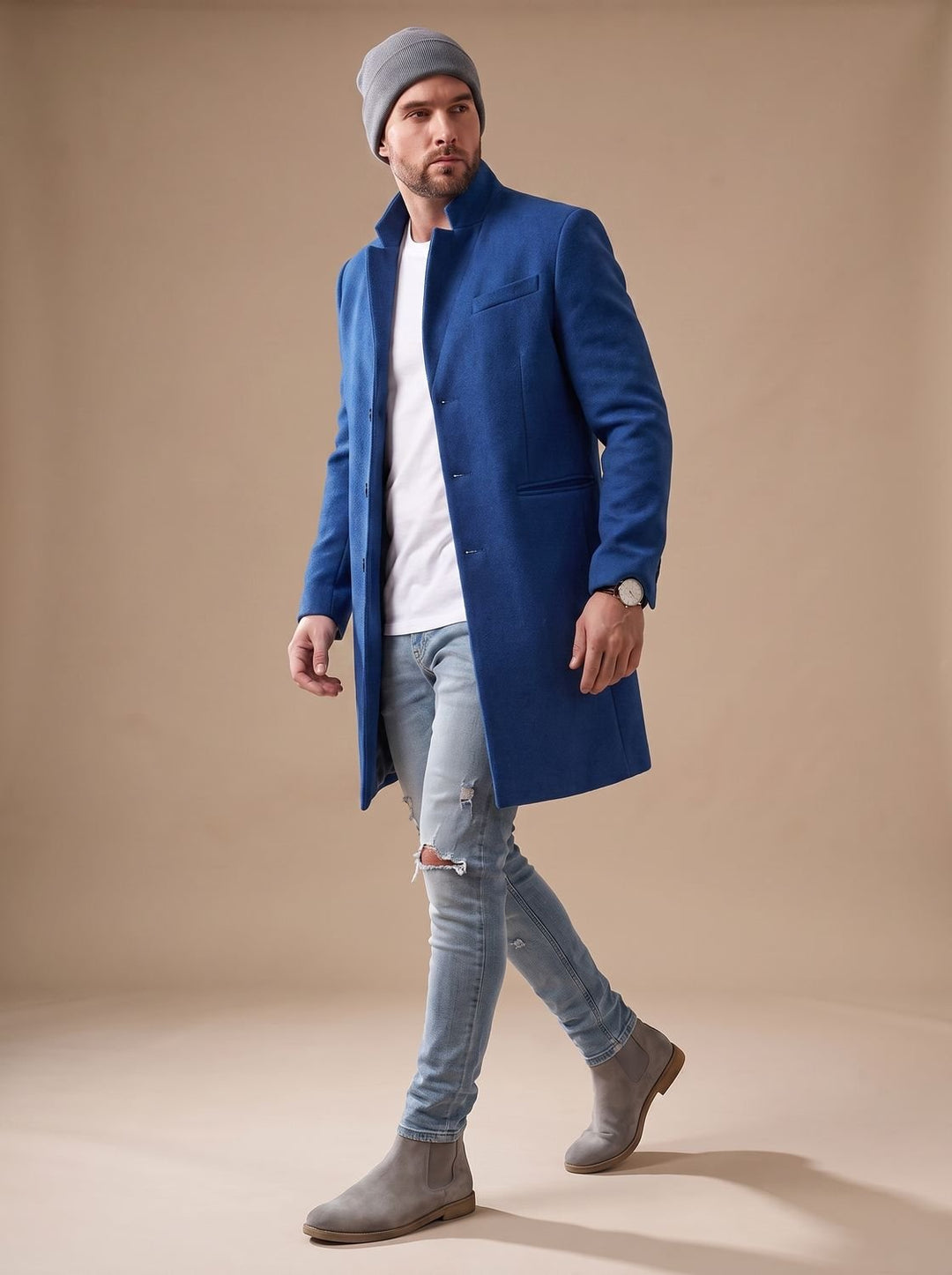 Herren Jacke aus Wollmischung in Midi-Länge in Blau