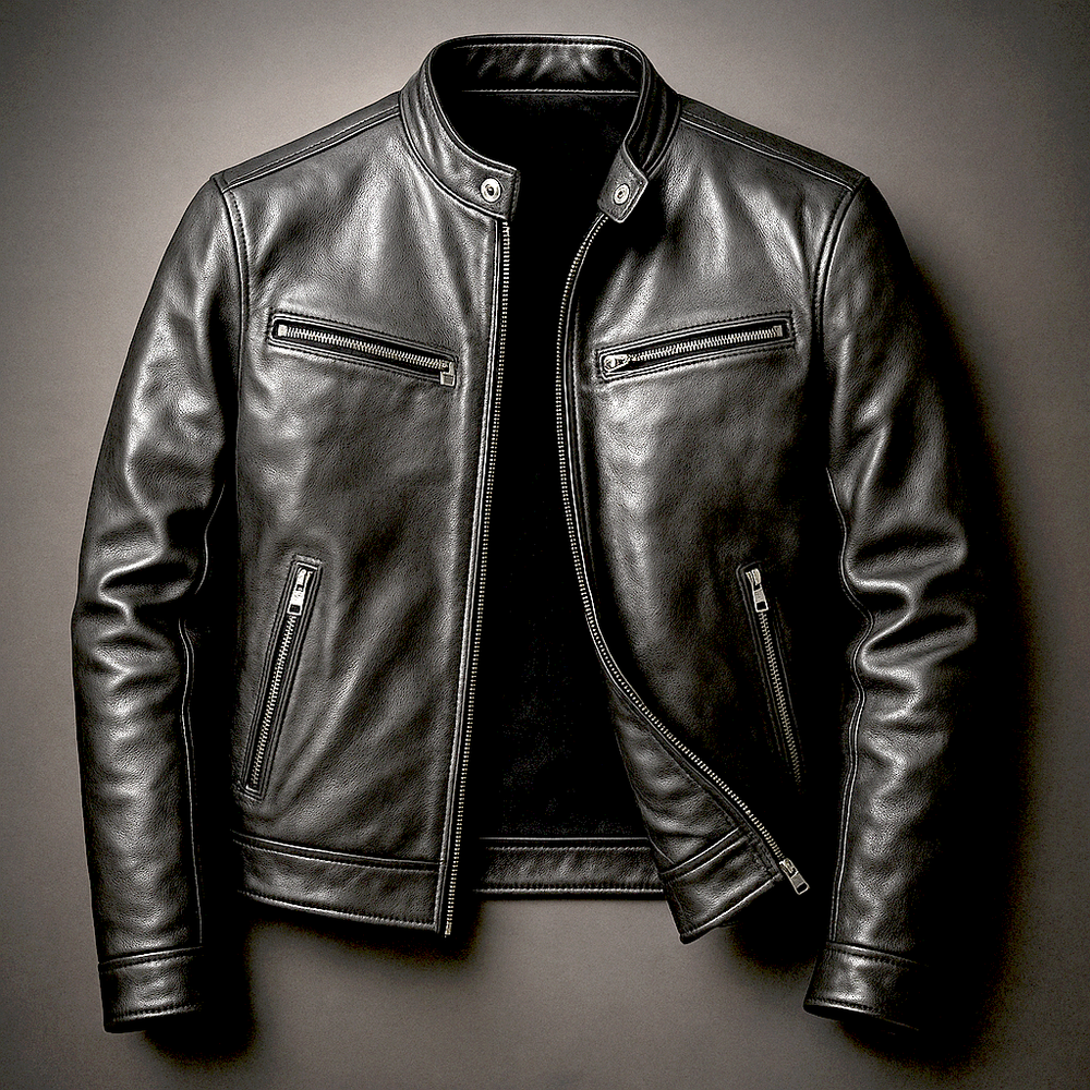 Herren Klassische Lederjacke im Bikerstil in Biker Schwarz