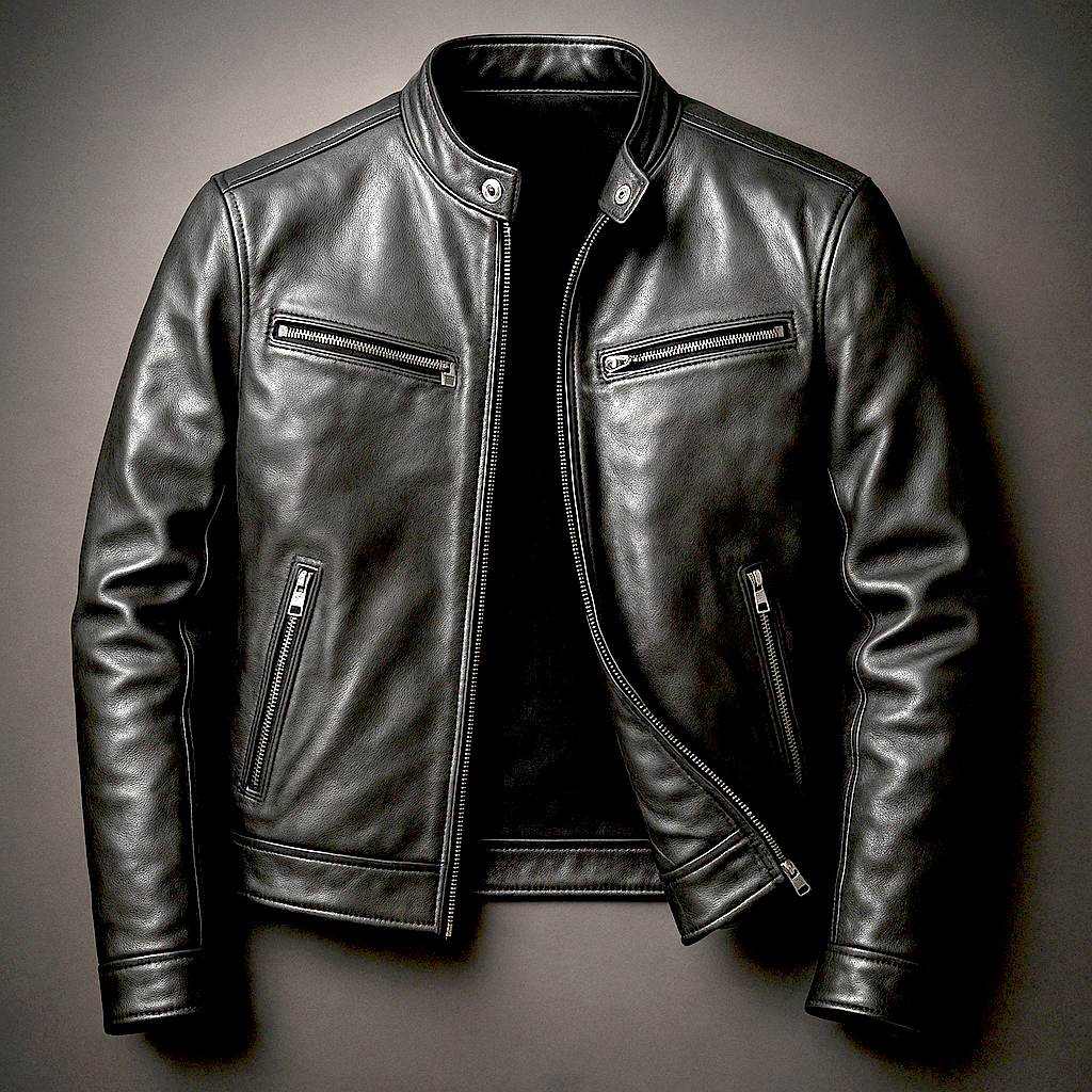 Herren Klassische Lederjacke im Bikerstil in Biker Schwarz