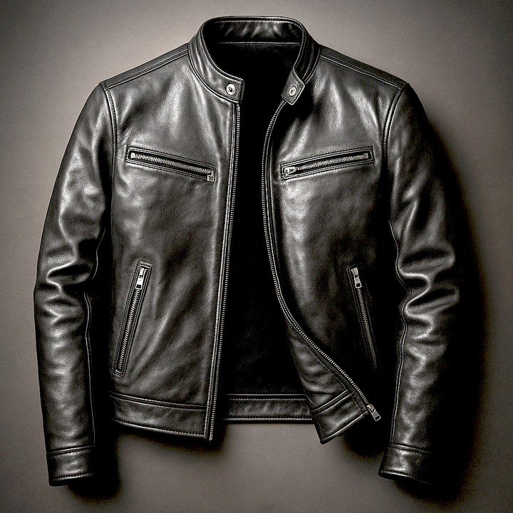 Herren Klassische Lederjacke im Bikerstil in Biker Schwarz
