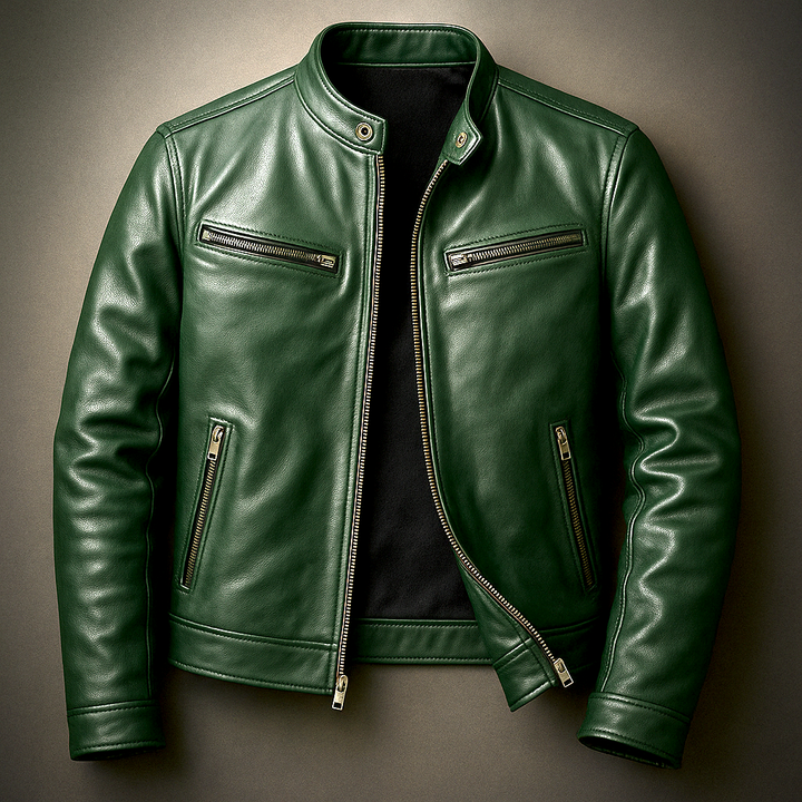 Herren Klassische Lederjacke im Bikerstil in Tannengrün