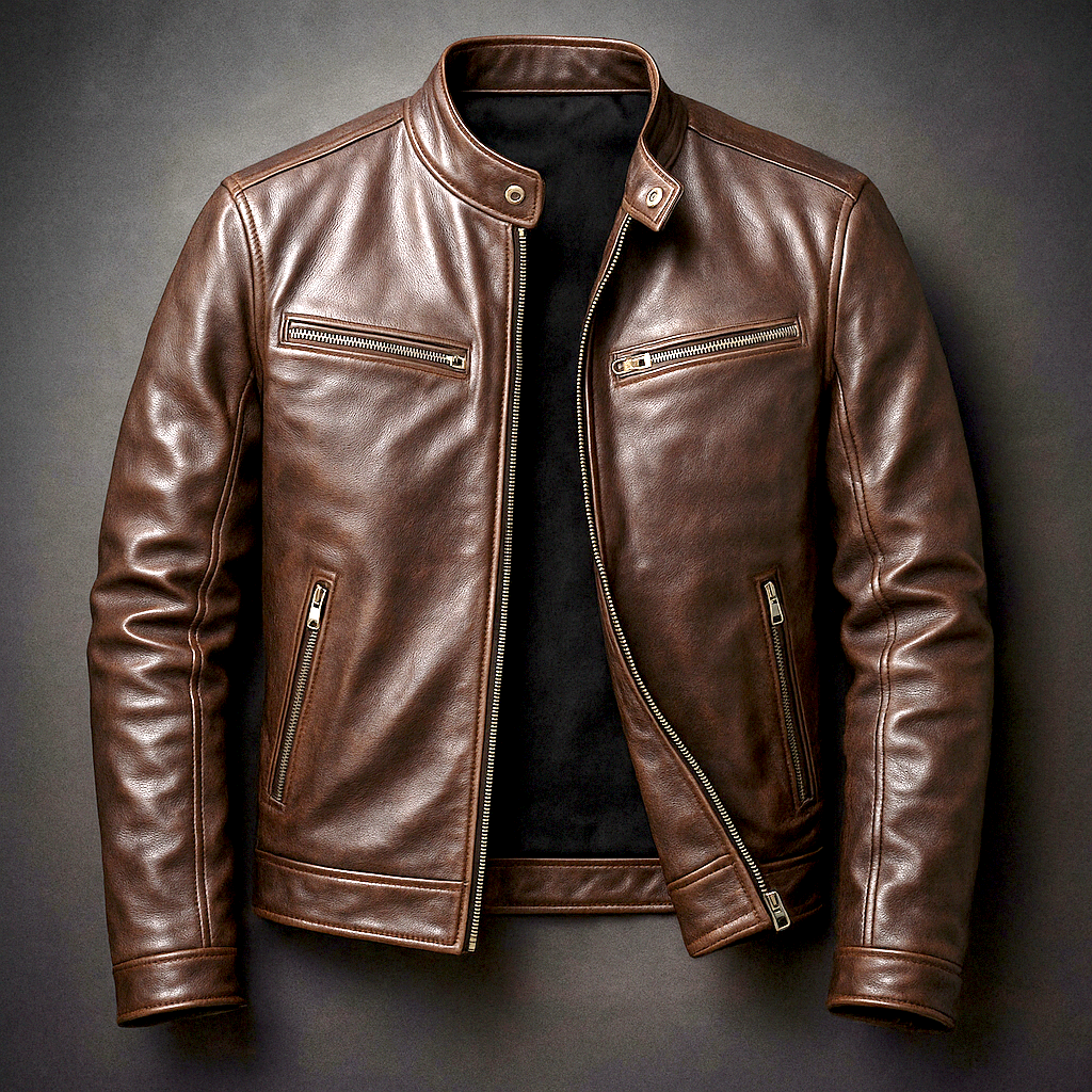 Herren Klassische Lederjacke im Bikerstil in Zigarrenbraun