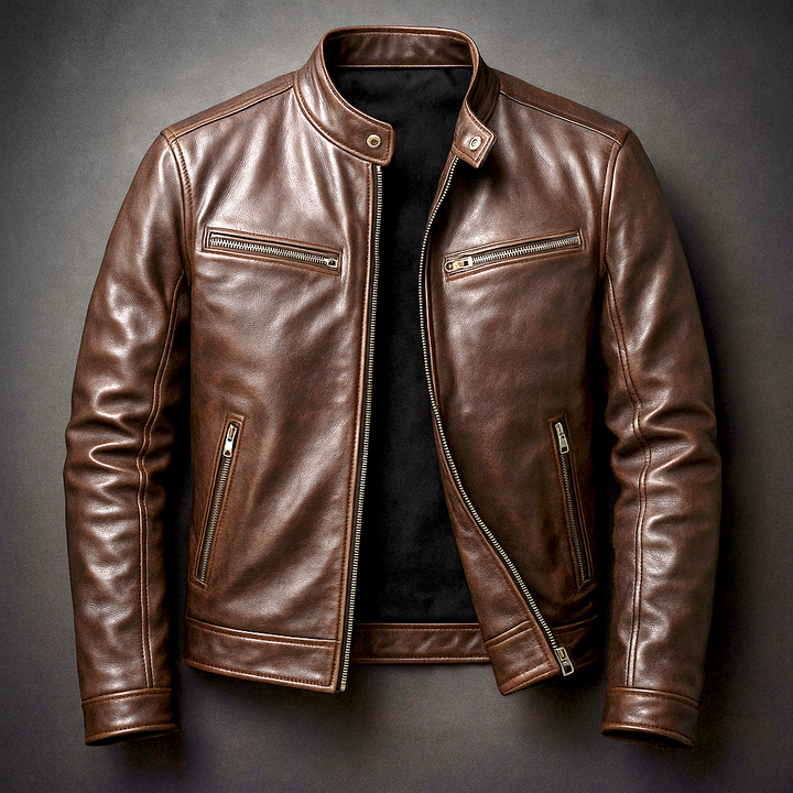 Herren Klassische Lederjacke im Bikerstil in Zigarrenbraun