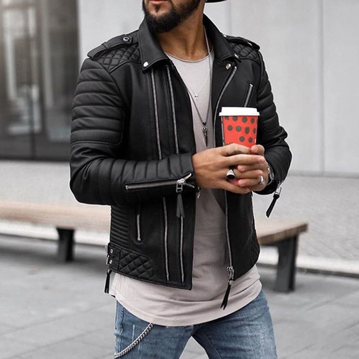 Herren Lederjacke Gepolsterte für Herbst in Schwarz