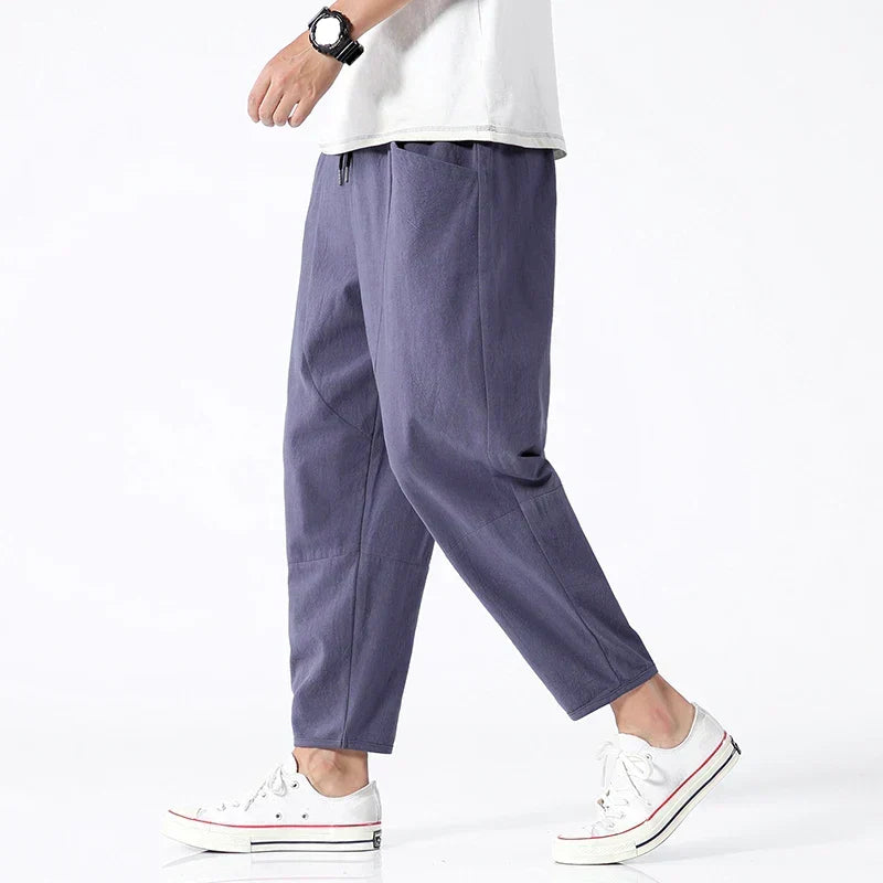 Herren Leinen Cropped Hose im Slim-Fit in Indigo