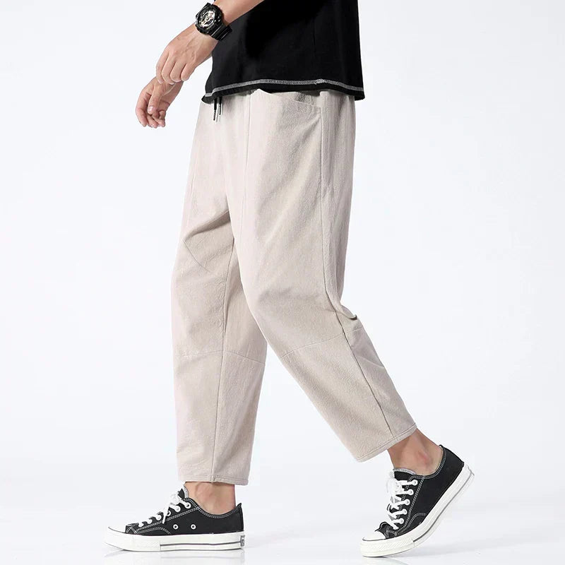 Herren Leinen Cropped Hose im Slim-Fit in Khaki