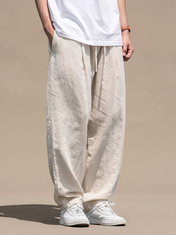 Herren Leinenhose Lockere Schnittform mit Tunnelzug in Beige