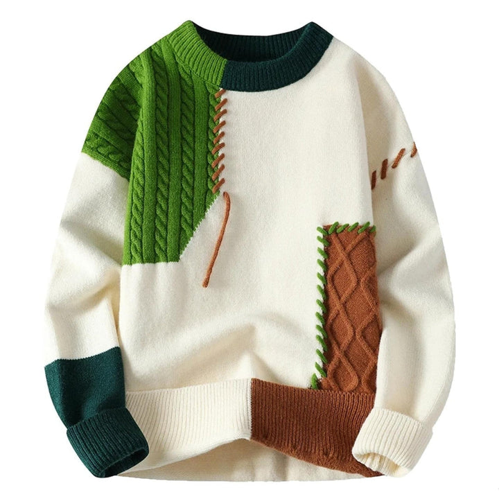 Herren Patchwork-Pullover im Künstlerischen Stil in Grün 1