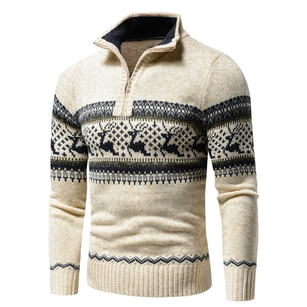 Herren Pullover mit Muster und Reißverschluss in Hellbraun