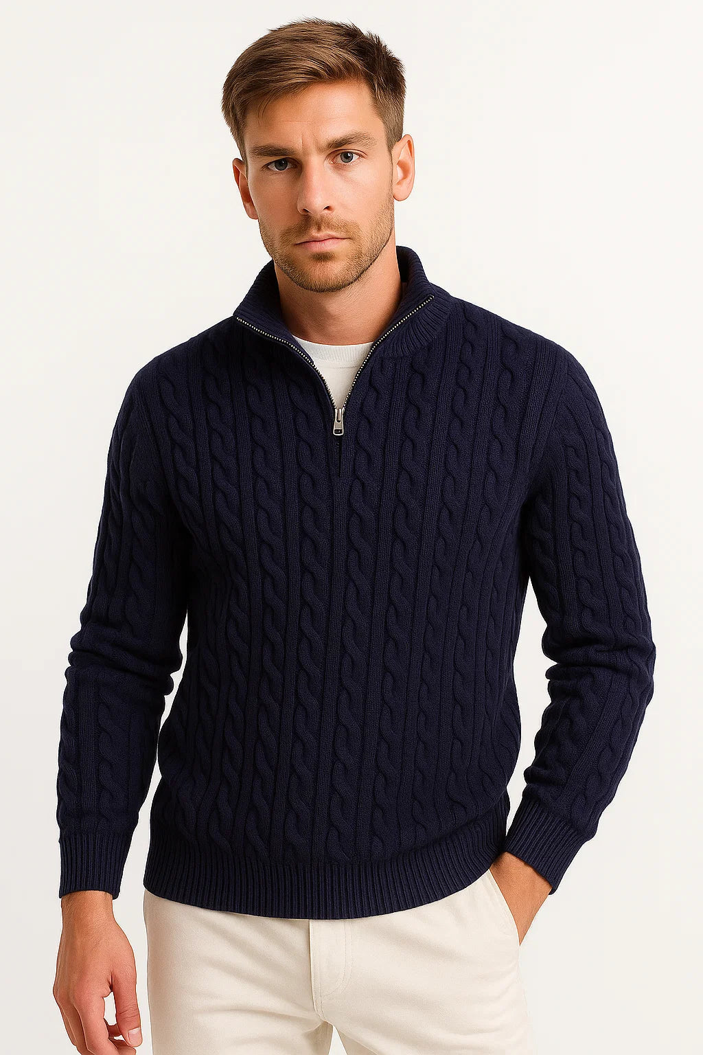 Herren Pullover mit Zopfmuster und Reißverschluss in Marineblau