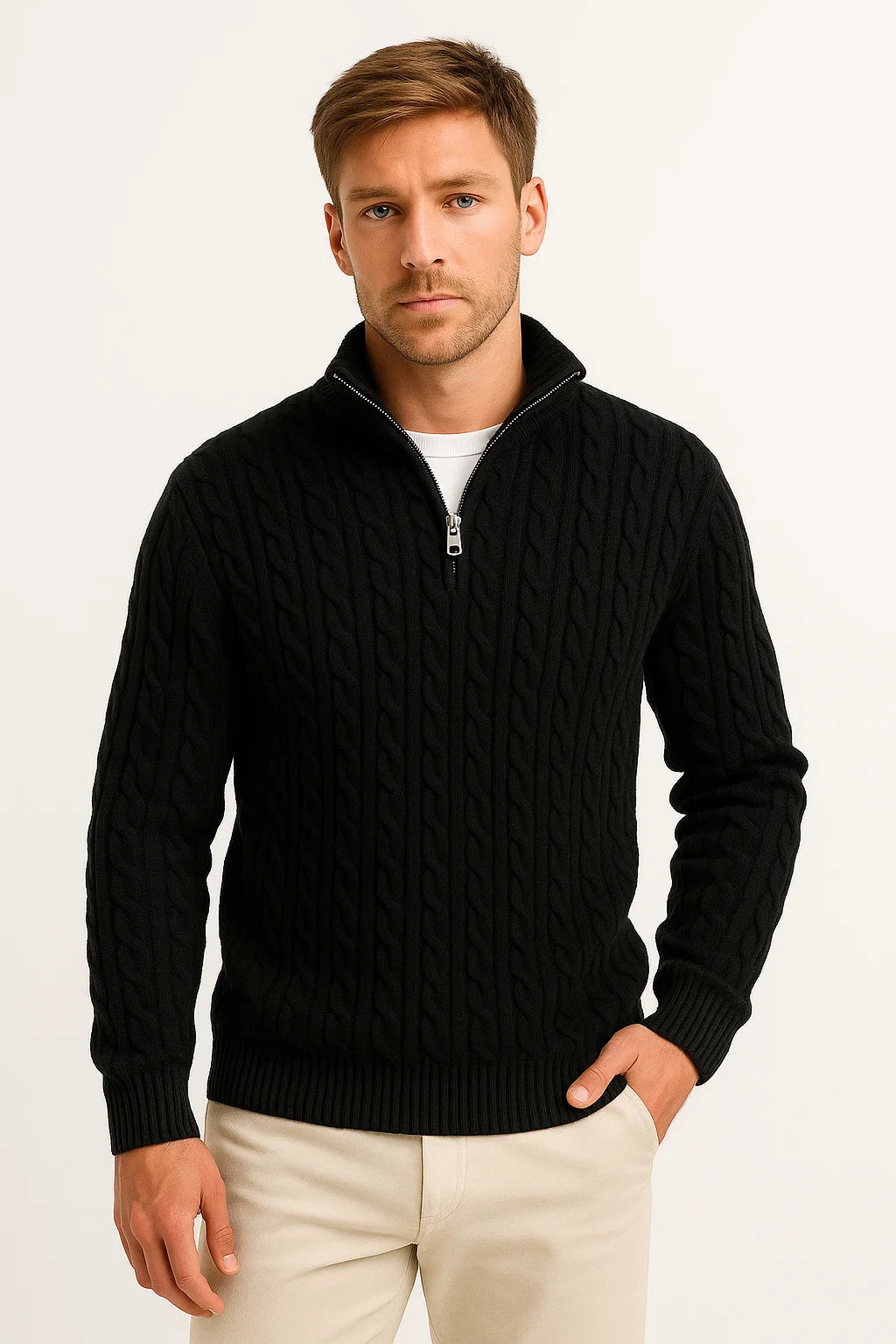 Herren Pullover mit Zopfmuster und Reißverschluss in Schwarz 1