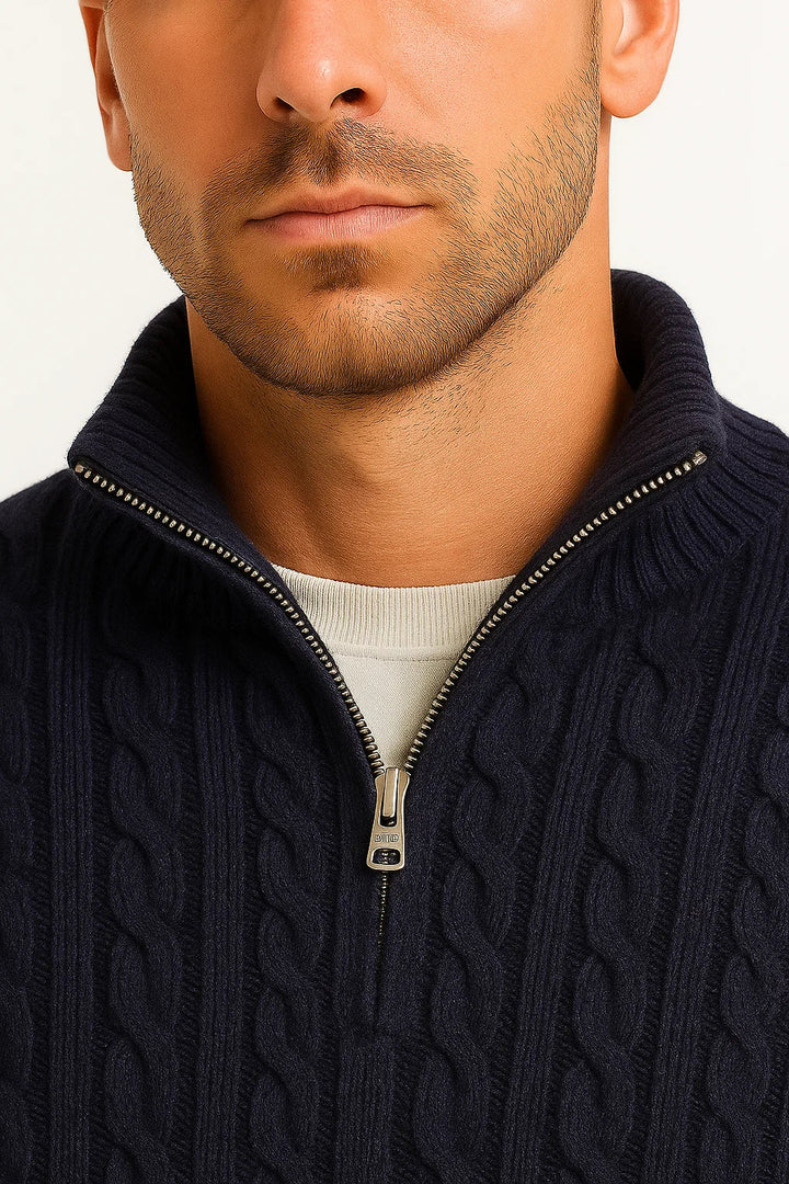 Herren Pullover mit Zopfmuster und Reißverschluss in Schwarz 3