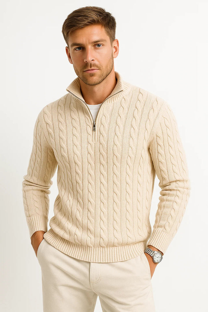Herren Pullover mit Zopfmuster und Reißverschluss in Vanillebeige