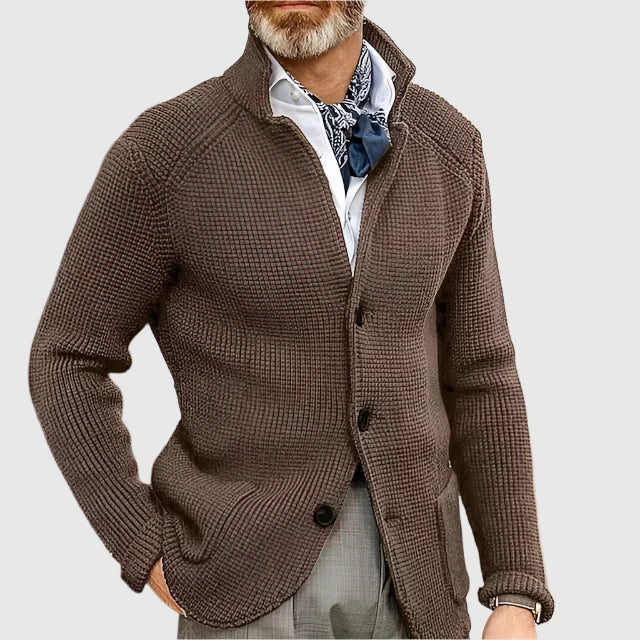 Herren Pullover Waffelpique mit Stehkragen in Coffee