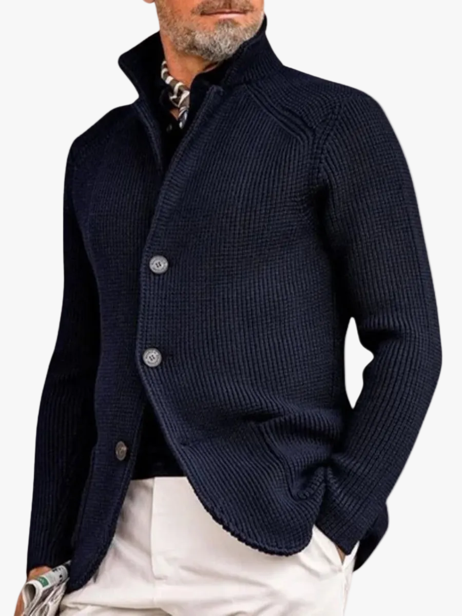 Herren Pullover Waffelpique mit Stehkragen in Marineblau