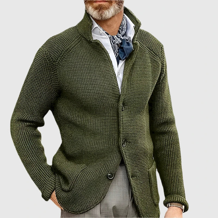 Herren Pullover Waffelpique mit Stehkragen in Olivgrün