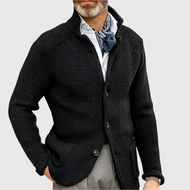 Herren Pullover Waffelpique mit Stehkragen in Schwarz