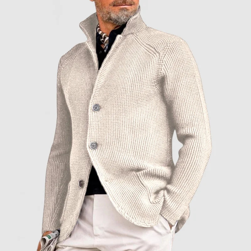 Herren Pullover Waffelpique mit Stehkragen in Weiß