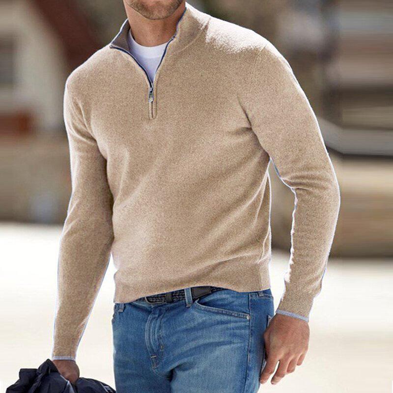 Herren Rippenstrick-Pullover mit Halbreißverschluss für Herbst in Beige