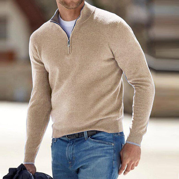 Herren Rippenstrick-Pullover mit Halbreißverschluss für Herbst in Beige