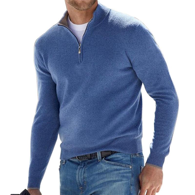 Herren Rippenstrick-Pullover mit Halbreißverschluss für Herbst in Blau