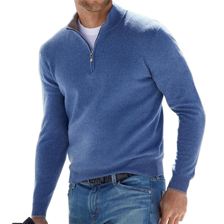 Herren Rippenstrick-Pullover mit Halbreißverschluss für Herbst in Blau