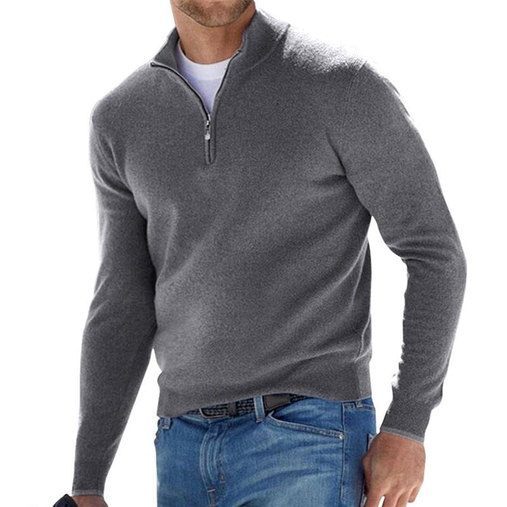 Herren Rippenstrick-Pullover mit Halbreißverschluss für Herbst in Grau
