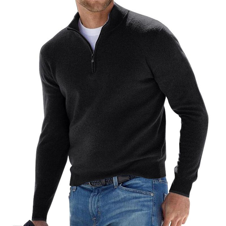 Herren Rippenstrick-Pullover mit Halbreißverschluss für Herbst in Schwarz