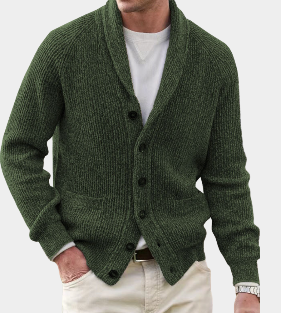 Herren Strickjacke mit Wrap-Kragen für Herbst in Armeegrün