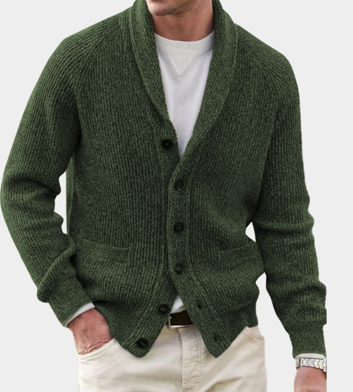 Herren Strickjacke mit Wrap-Kragen für Herbst in Armeegrün