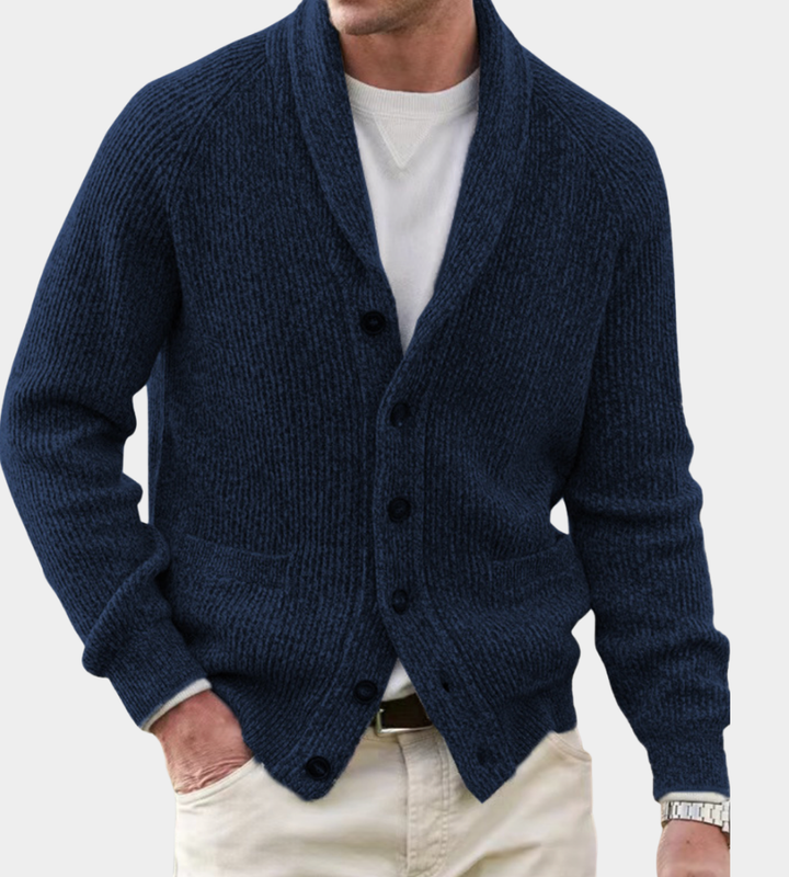 Herren Strickjacke mit Wrap-Kragen für Herbst in Dunkelblau