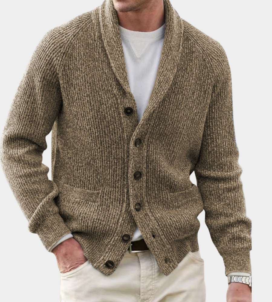 Herren Strickjacke mit Wrap-Kragen für Herbst in Khaki