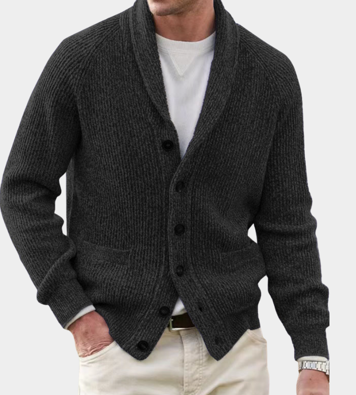 Herren Strickjacke mit Wrap-Kragen für Herbst in Schwarz