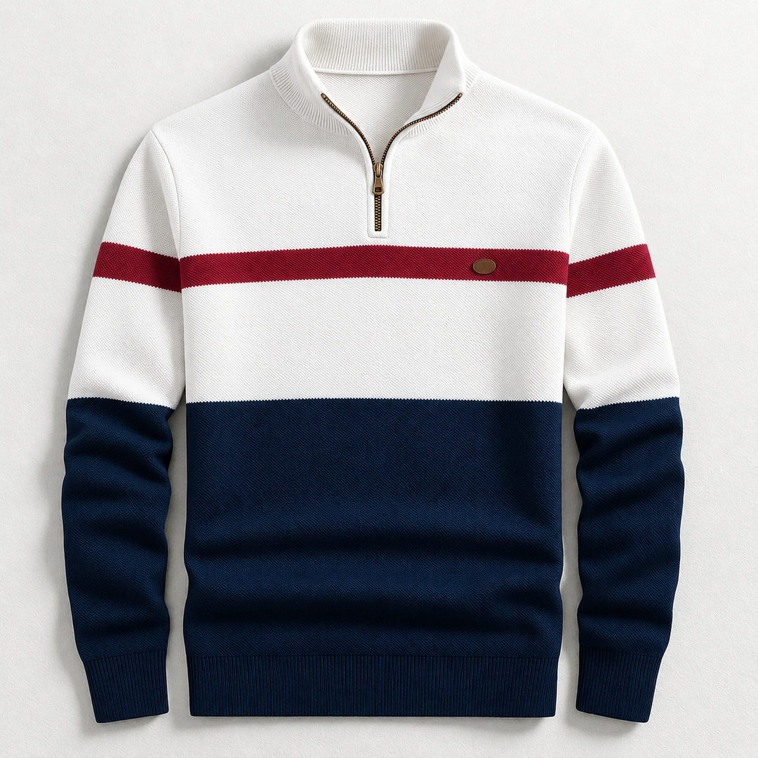 Herren Strickpullover mit Half-Zip für Herbst in Marineblau Weiß