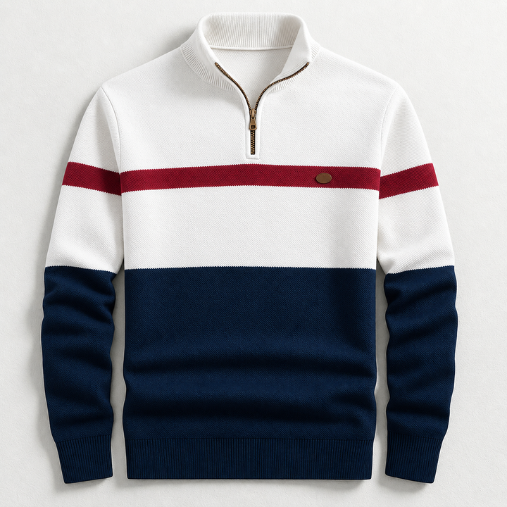 Herren Strickpullover mit Half-Zip für Herbst in Marineblau Weiß