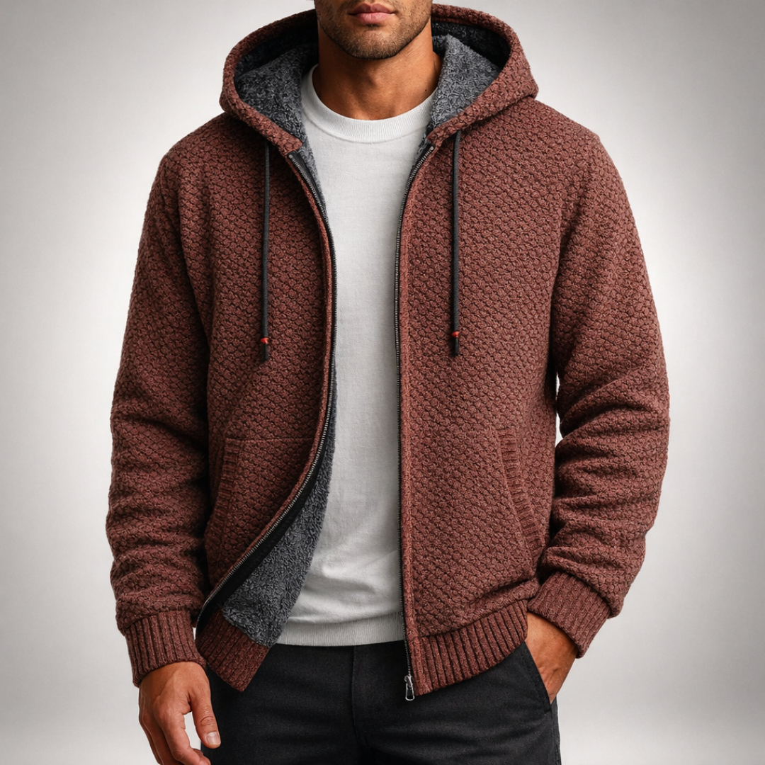 Herren Strickpullover mit Reißverschluss und Kapuze in Bordeaux